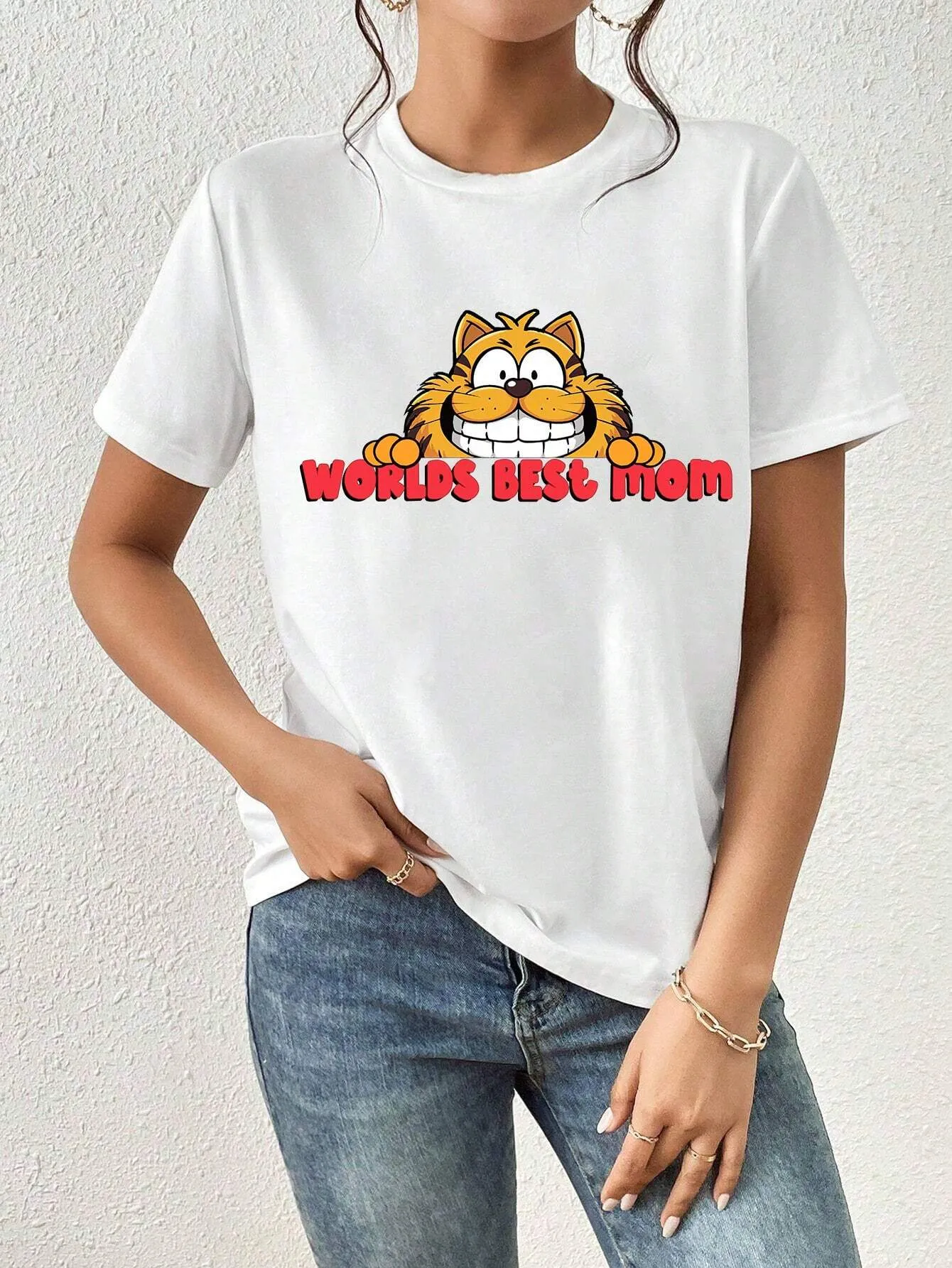 1 pieza Camiseta de manga corta con cuello redondo para mujer con estampado de gato y letra de a, camiseta de verano