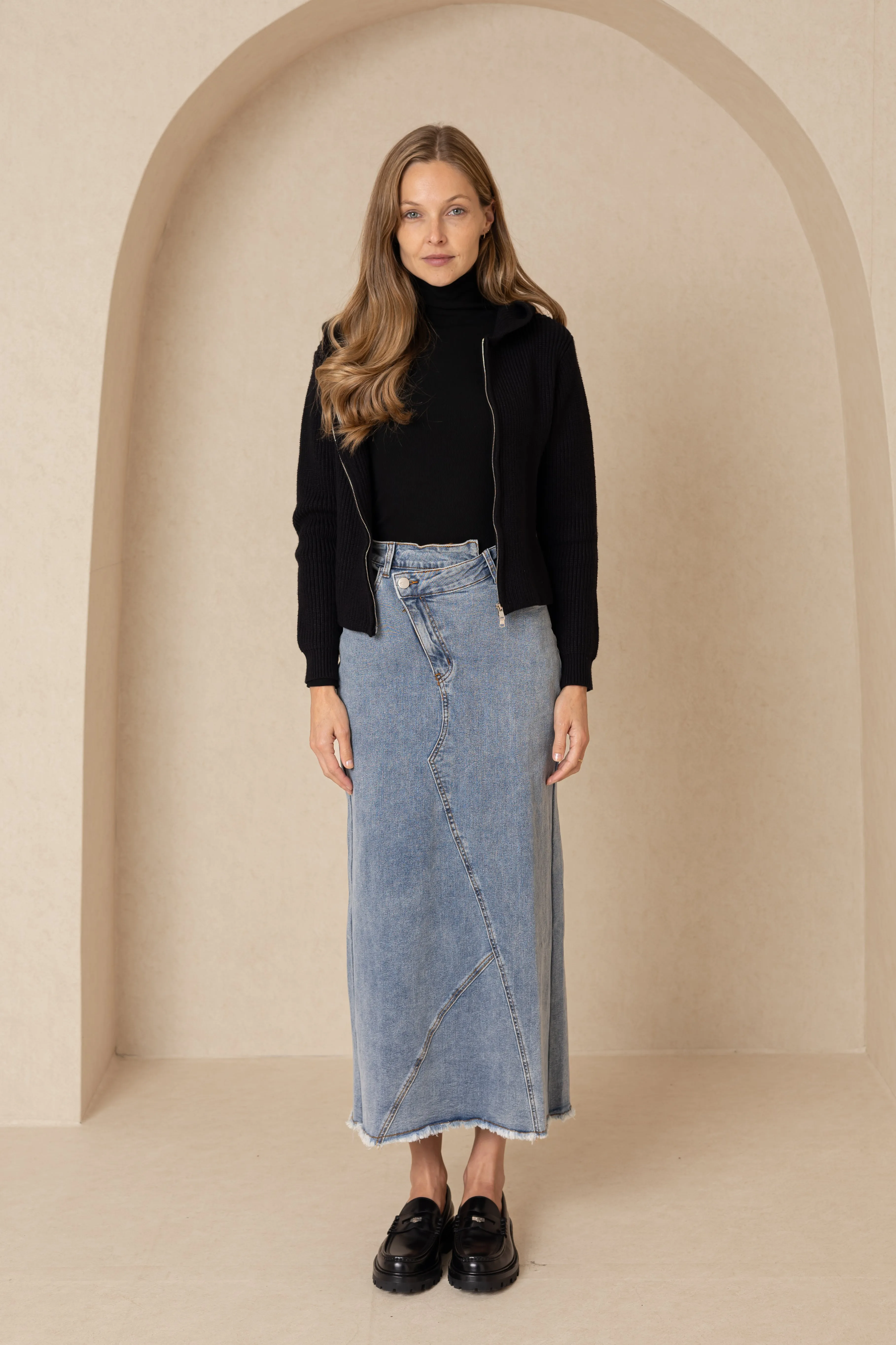 Blue Cross Button Denim Skirt