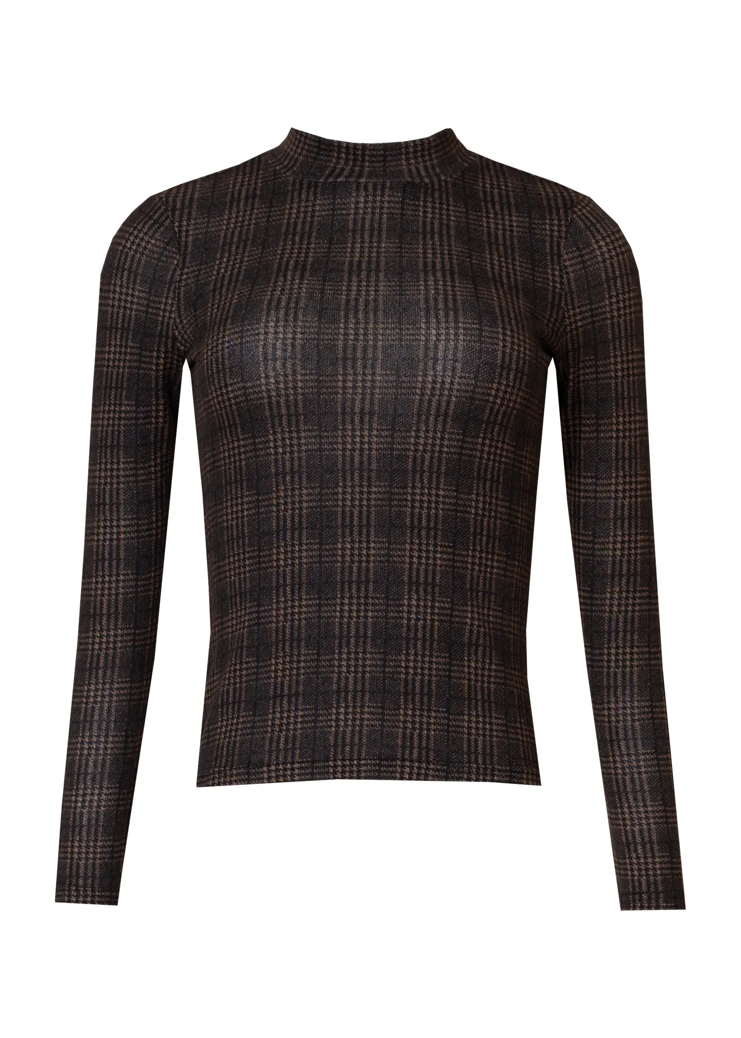 Brown Plaid Mock Neck Top