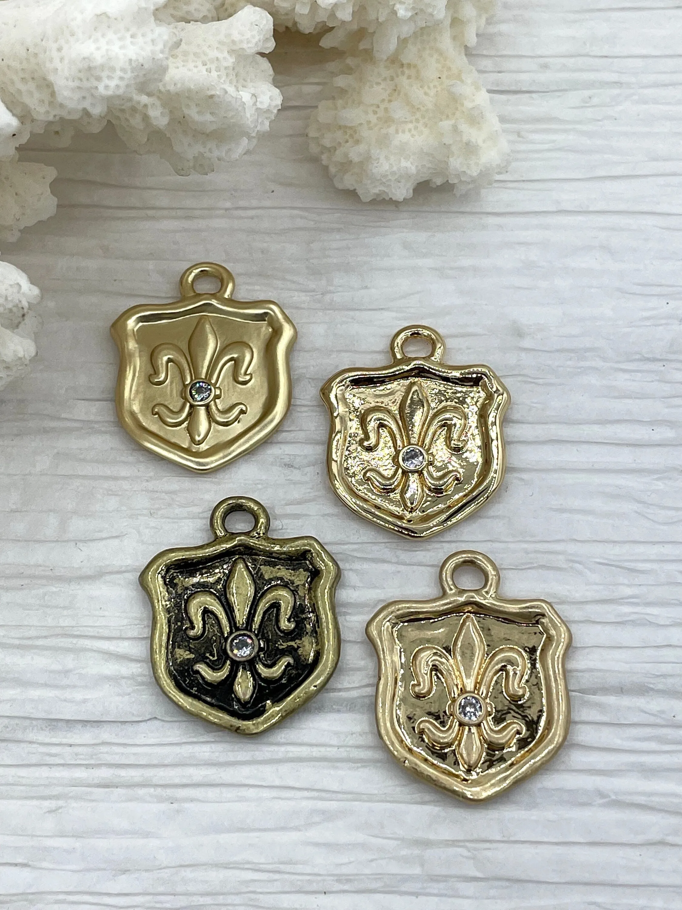 Fleur De Lis Shield Charms with CZ, Fleur De Lis Charm, 9 Finishes, Brass Charm, Fleur de lis Pendant, French Charm, Paris Charm, Fast Ship.