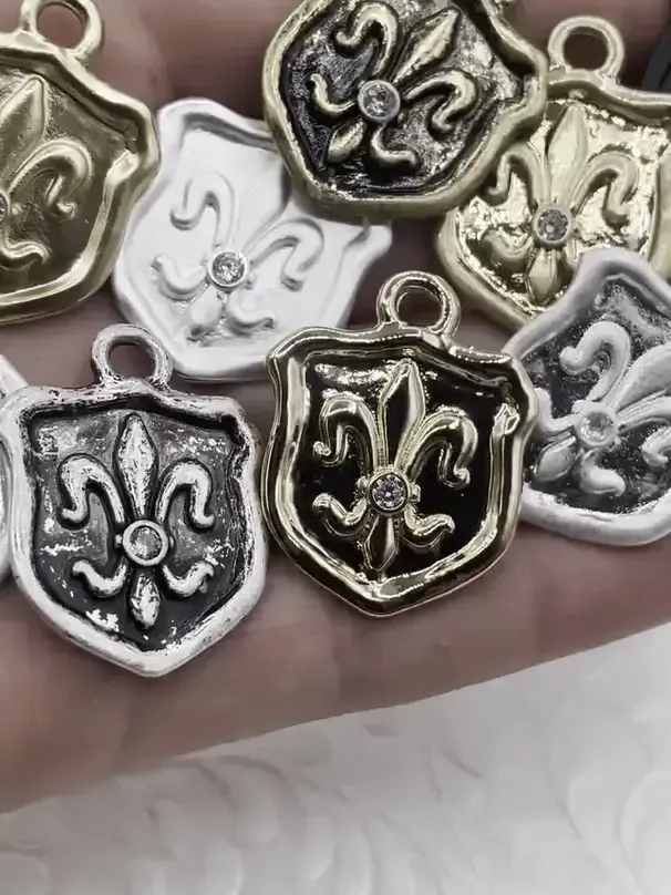 Fleur De Lis Shield Charms with CZ, Fleur De Lis Charm, 9 Finishes, Brass Charm, Fleur de lis Pendant, French Charm, Paris Charm, Fast Ship.