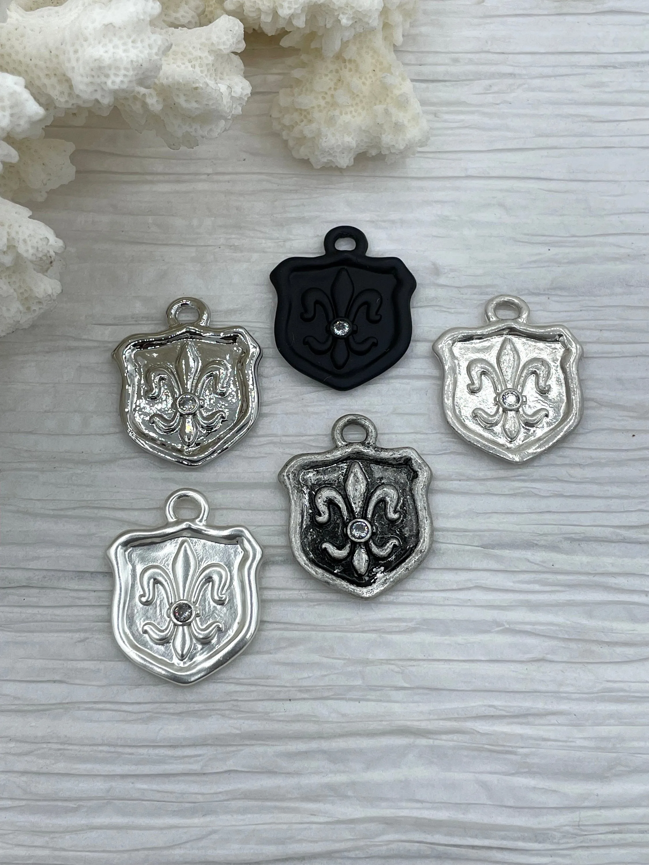 Fleur De Lis Shield Charms with CZ, Fleur De Lis Charm, 9 Finishes, Brass Charm, Fleur de lis Pendant, French Charm, Paris Charm, Fast Ship.