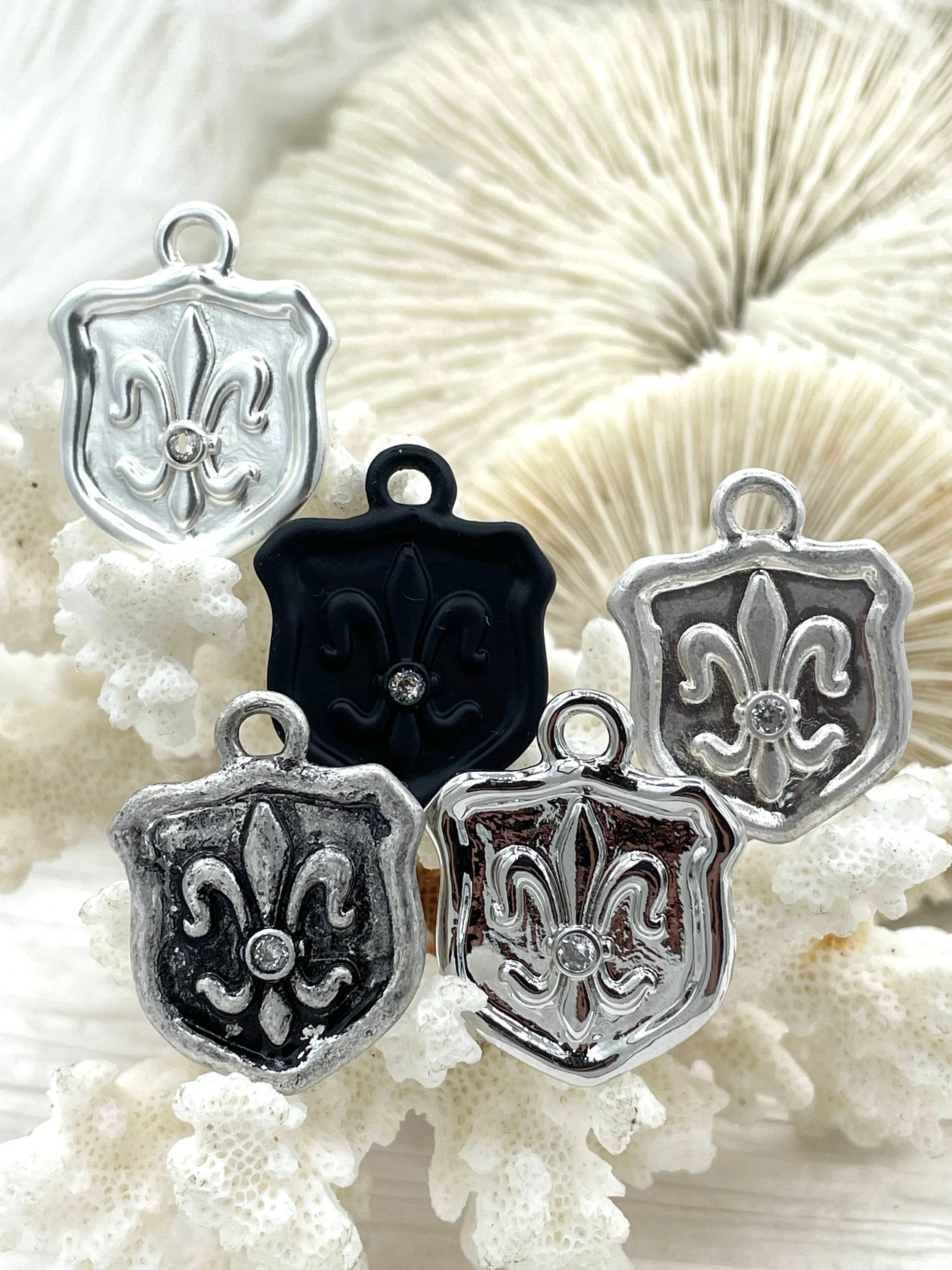 Fleur De Lis Shield Charms with CZ, Fleur De Lis Charm, 9 Finishes, Brass Charm, Fleur de lis Pendant, French Charm, Paris Charm, Fast Ship.