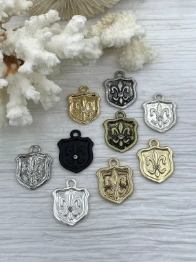 Fleur De Lis Shield Charms with CZ, Fleur De Lis Charm, 9 Finishes, Brass Charm, Fleur de lis Pendant, French Charm, Paris Charm, Fast Ship.