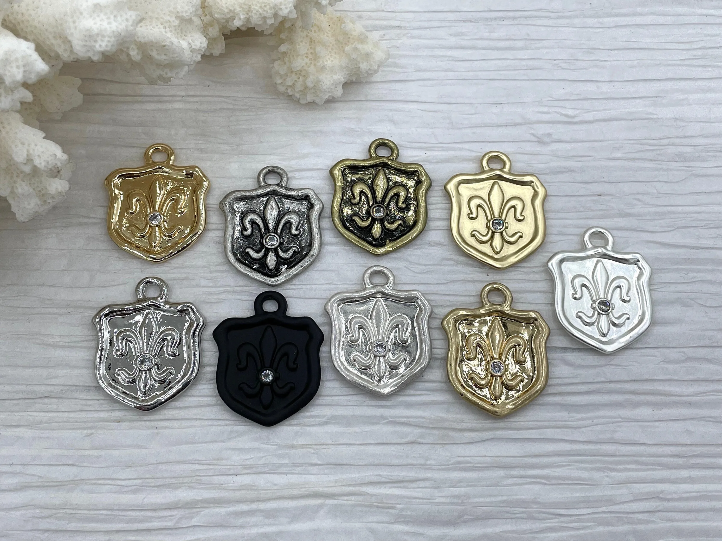 Fleur De Lis Shield Charms with CZ, Fleur De Lis Charm, 9 Finishes, Brass Charm, Fleur de lis Pendant, French Charm, Paris Charm, Fast Ship.