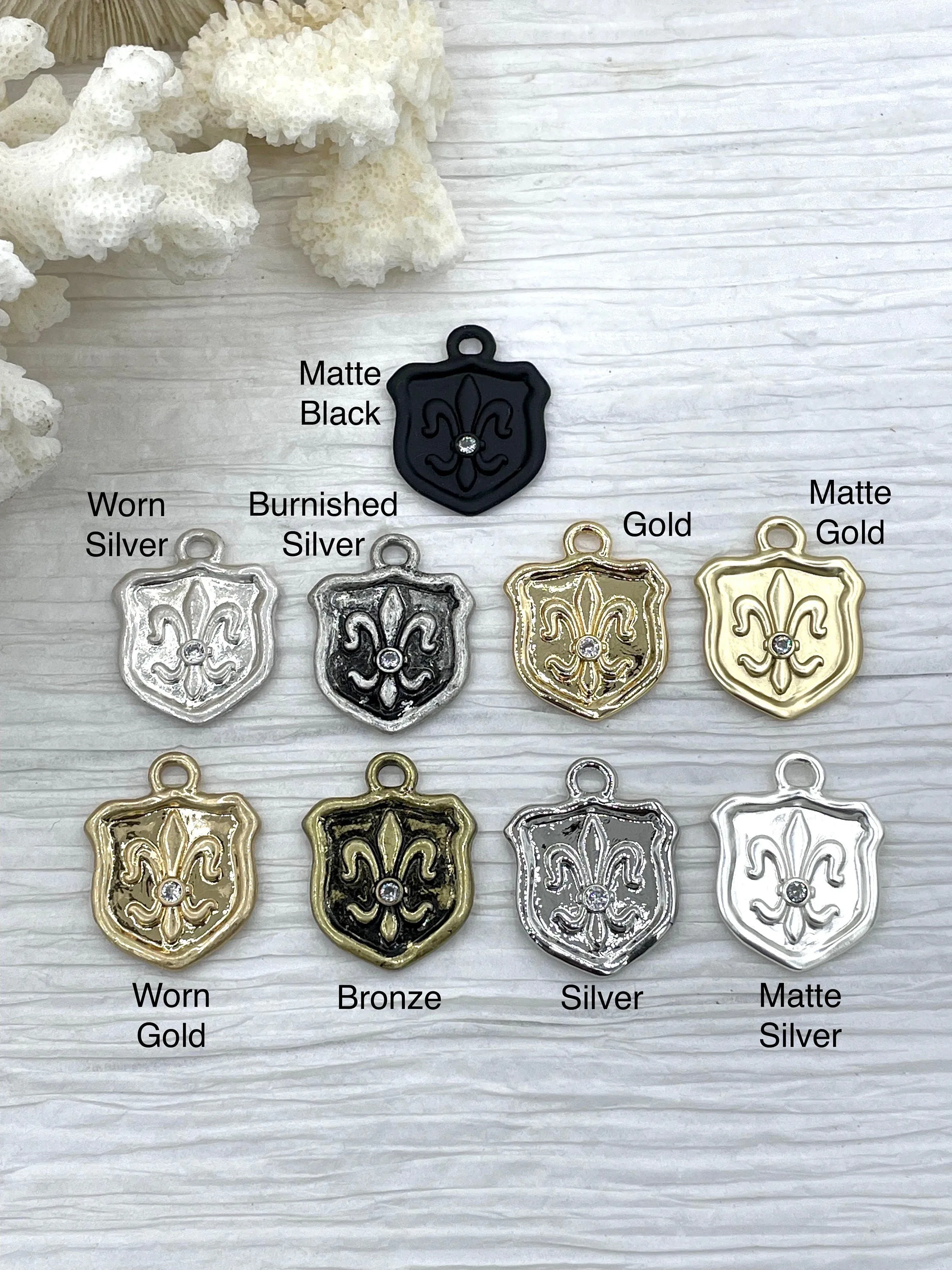 Fleur De Lis Shield Charms with CZ, Fleur De Lis Charm, 9 Finishes, Brass Charm, Fleur de lis Pendant, French Charm, Paris Charm, Fast Ship.