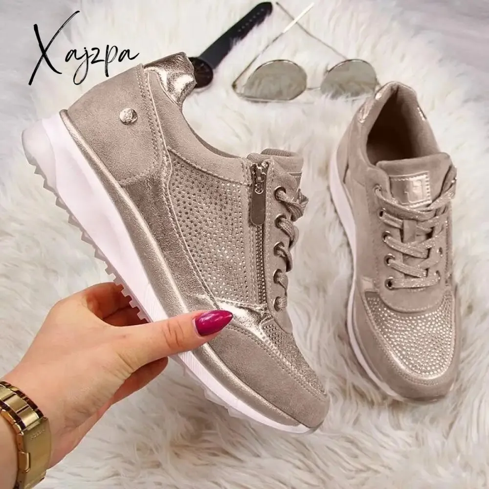 Xajzpa - Women's Shoes Silver Sneakers Zipper Thick Bottom Sneakers Women's Shoes Casual Lace-up Tenis Feminino Zapatos De Mujer