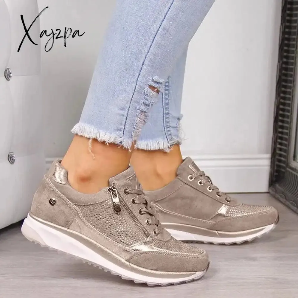 Xajzpa - Women's Shoes Silver Sneakers Zipper Thick Bottom Sneakers Women's Shoes Casual Lace-up Tenis Feminino Zapatos De Mujer