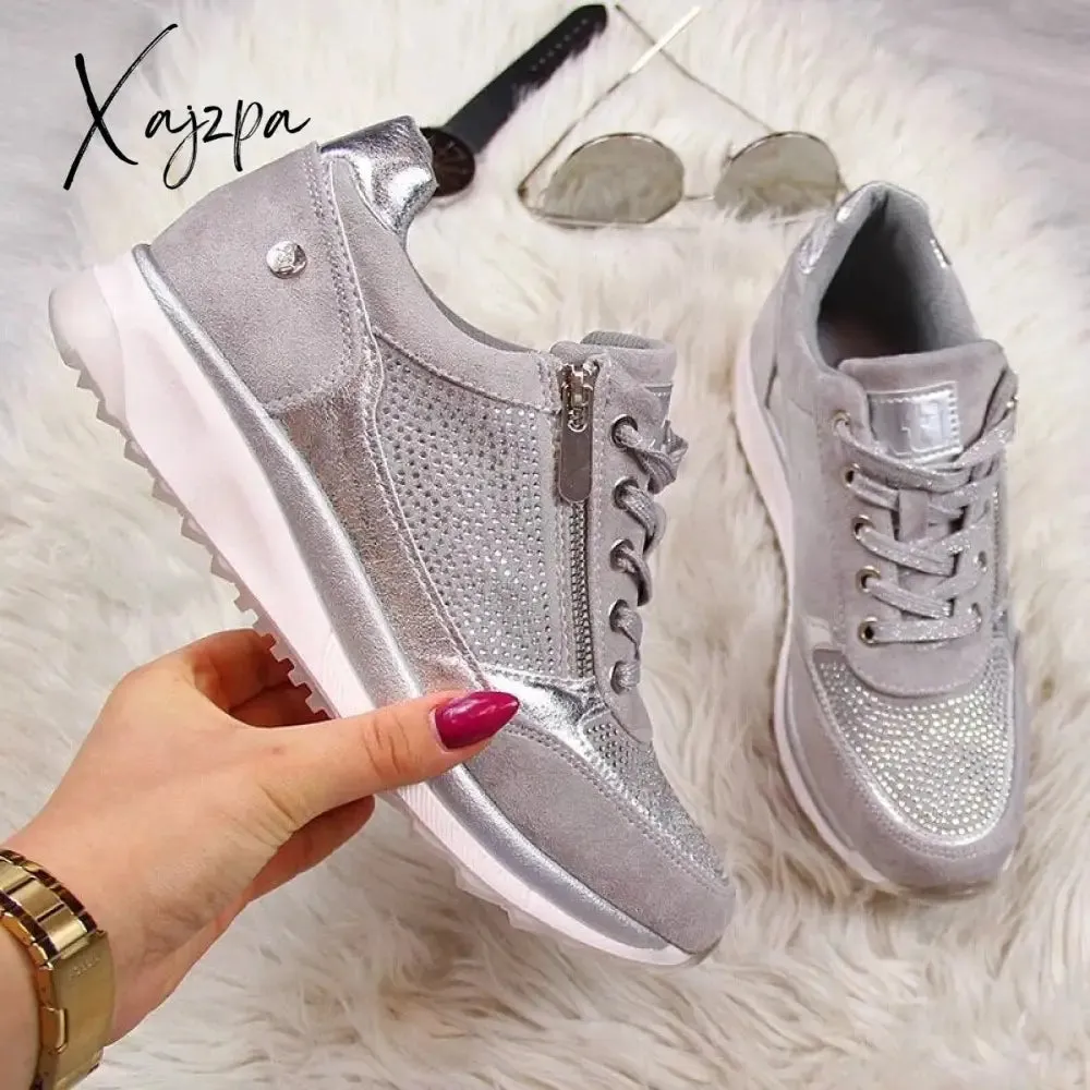 Xajzpa - Women's Shoes Silver Sneakers Zipper Thick Bottom Sneakers Women's Shoes Casual Lace-up Tenis Feminino Zapatos De Mujer